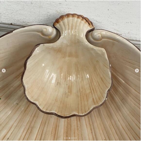 Vintage Fitz & Floyd Chip and Dip Clam Shell Bowl Striped Seashell Beach Pottery - Picture 4 of 8